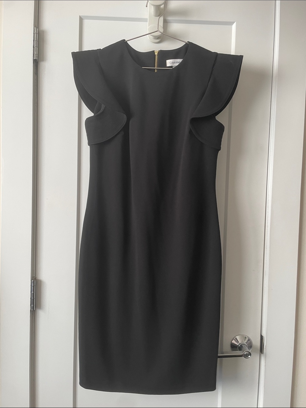 Calvin Klein Black Sheath Dress with Ruffle Cap Sleeves